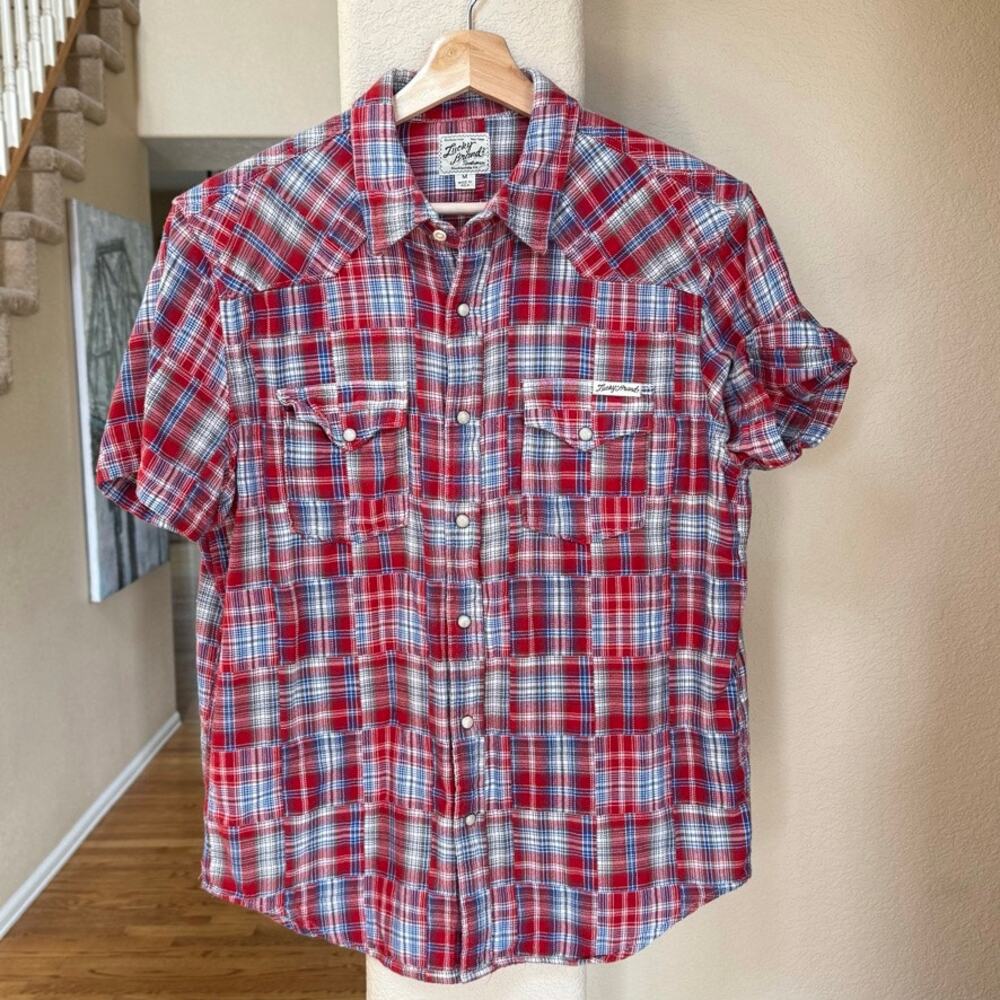 Vintage Lucky Brand Pearl Snap Collared Short Sleeve Plaid M Shirt 2000s